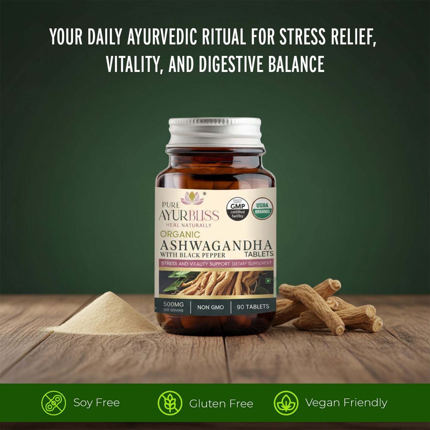 ORGANIC Ashwagandha Tablets with ORGANIC Blackpepper - 500 mg -USDA Certified, NON GMO, VEGAN