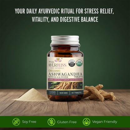 ORGANIC Ashwagandha Tablets with ORGANIC Blackpepper - 500 mg -USDA Certified, NON GMO, VEGAN