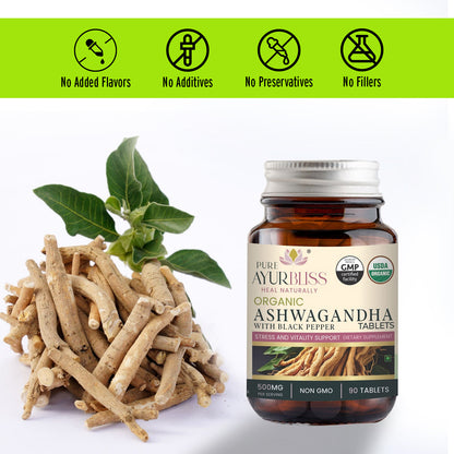 ORGANIC Ashwagandha Tablets with ORGANIC Blackpepper - 500 mg -USDA Certified, NON GMO, VEGAN